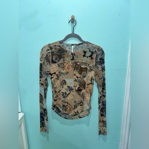 Free People Mesh Floral Long Sleeve Top - Blue and Tan